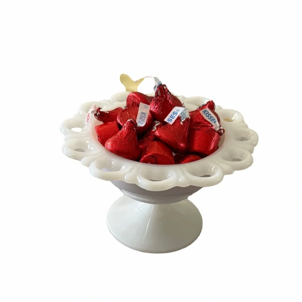 Vintage Anchor Hocking Lace Edge Milk Glass Pedestal Bowl | Candy Trinket Bowl